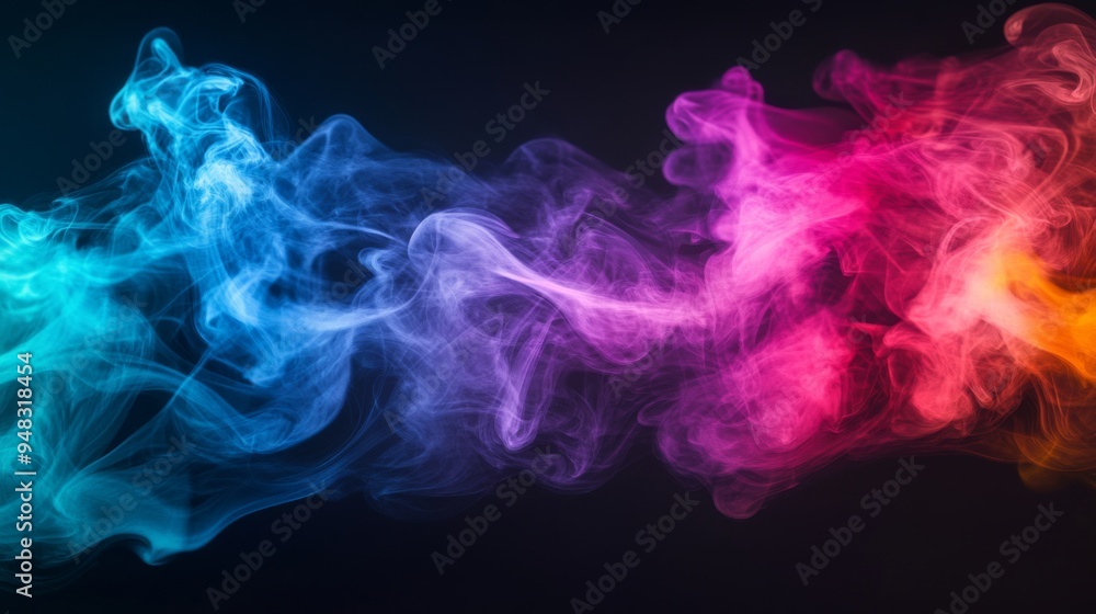 Poster A creative image of cigarette smoke with a spectrum of colors, captured in mid-air to highlight the abstract shapes and vivid, flowing hues.