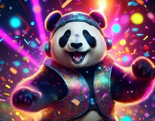 Playful panda with glittery helmet and sequined harness dancing amidst confetti and neon lights.
