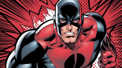 Pop art red background, superhero in pop art style, red comic background