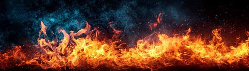 Fototapeta premium Intense firelight and swirling smoke on a dark black background, with bright flames illuminating the scene