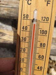 Thermometer Indicating High Temperature of 46 Degrees Celsius - Significant Summer Heat, Analog Thermometer Indicating Temperature of Around 115 Degrees Fahrenheit - Intense Hot Conditions, High Ambie