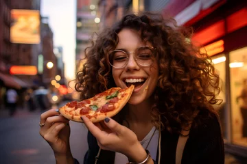 Fotobehang woman eating pizza on the street © jimenezar