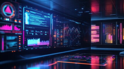 Obraz premium A futuristic room with multiple screens displaying colorful data visualizations and analytics charts, representing modern technology, data science, and digital innovation.