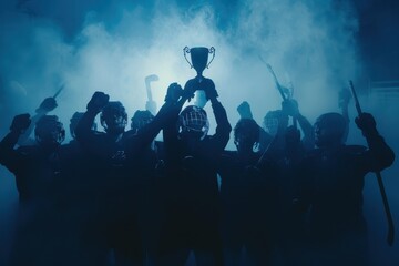 Team in dark lifts trophy triumphantly amidst cloud of smoke, their silhouettes highlighted by dramatic blue lighting.