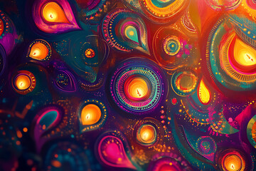 A vibrant and colorful abstract digital background celebrating Diwali, featuring traditional elements like lamps (diyas), patterns, and bright colors