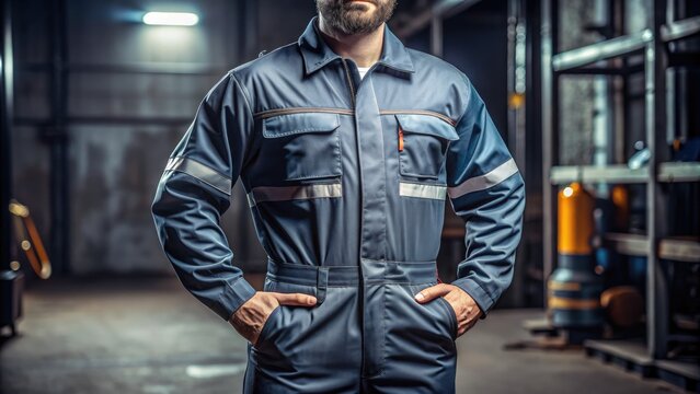 A rugged, blue-gray coverall with reflective stripes and numerous pockets, worn by a professional mechanic, exudes a sense of reliability and hands-on expertise.