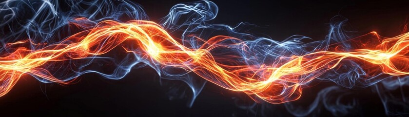 Tongues of bright fire dancing against a black backdrop, with smoke creating dynamic, swirling patterns