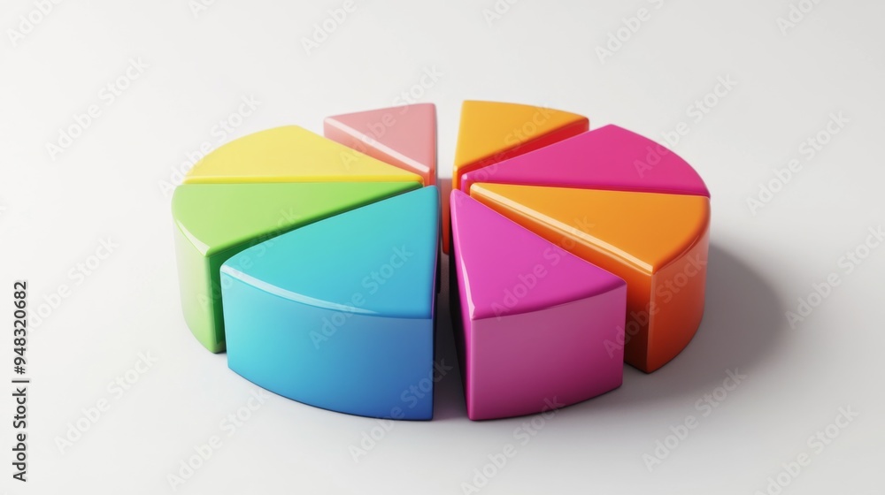 Aufkleber A detailed 3D pie chart with vibrant segments, showcasing different data slices and their proportions, set against a clean, white background.