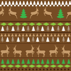 Colorful deer and trees on brown seamless pattern
