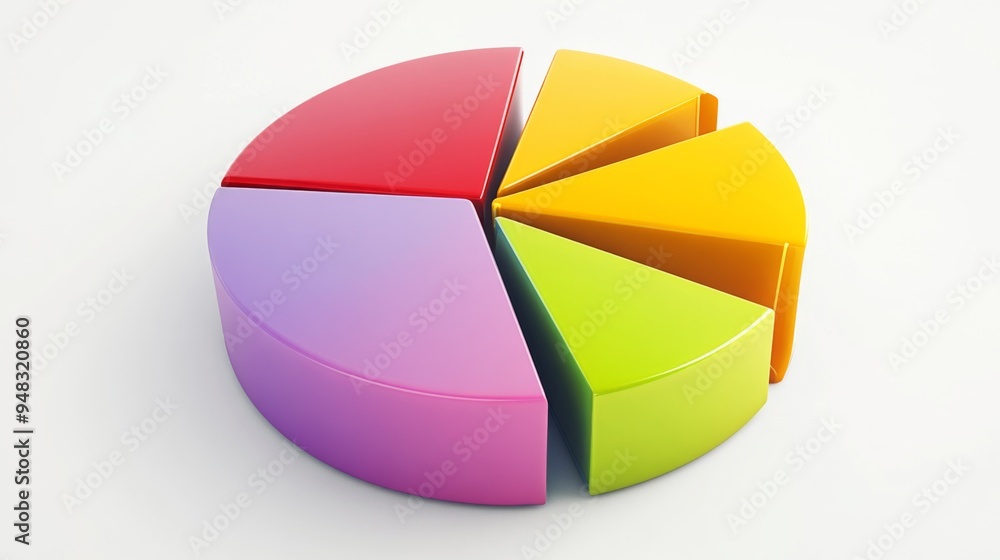 Aufkleber A detailed 3D pie chart with vibrant segments, showcasing different data slices and their proportions, set against a clean, white background.