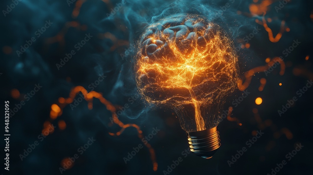 Poster a glowing light bulb with a brain-shaped filament, symbolizing the connection between intellect, cre