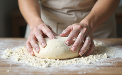 The baker's hands knead the dough in close-up
