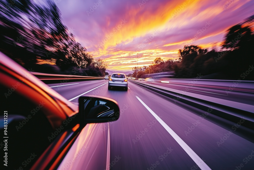 Sticker car driving at sunset