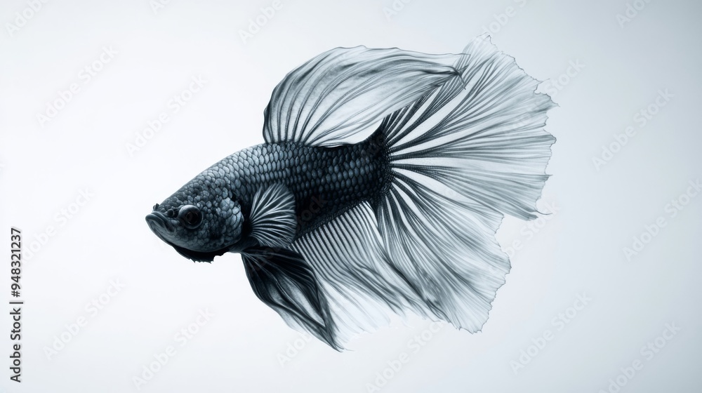 Poster A detailed image of a betta fish with an elaborate fin structure, positioned centrally against a white background to highlight the complexity of its design.
