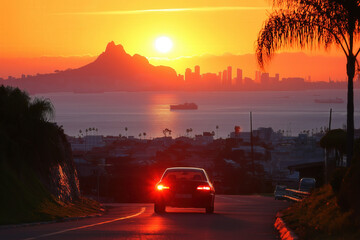 Car Driving At Sunset