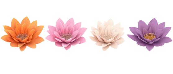 A collection of four beautiful lotus flowers in vibrant colors, perfect for nature-themed designs and tranquil settings.