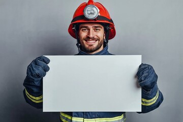 Fireman holds mockup poster for design advertising. Generative AI