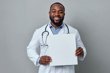 Black doctor presents a mockup poster in clinic setting. Generative AI