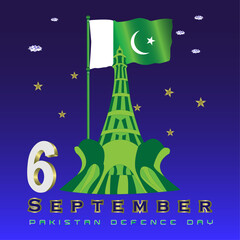 Defense Day of Pakistan, 6 September, Minaret of Pakistan, social media post, banner, flyer, Pakistani flag, vector file