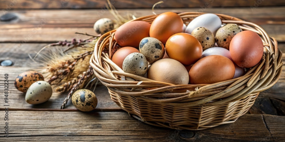 Poster close-up of a variety of eggs in a rustic basket