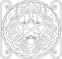 Sketch vector illustration silhouette design drawing ornament carving floral animal lion classic vintage ethnic carving 