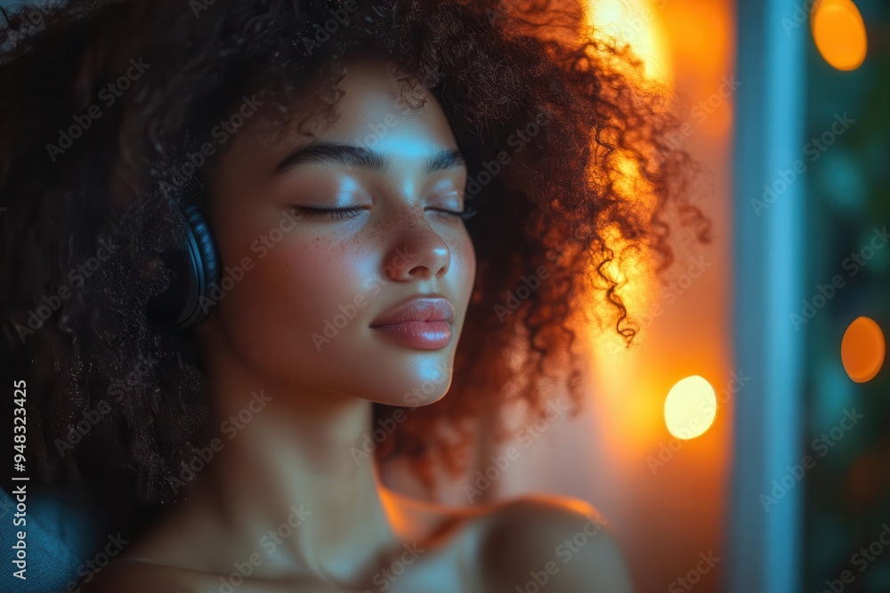 Canvas Prints serene young woman immersed in music cozy home setting soft lighting relaxed posture on sofa wireless headphones peaceful expression