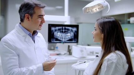 Obraz premium A dentist reviewing x-rays with a patient, modern equipment and detailed analysis