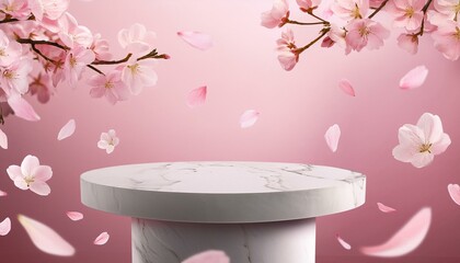 Soft pink background with marble podium and falling sakura petals.