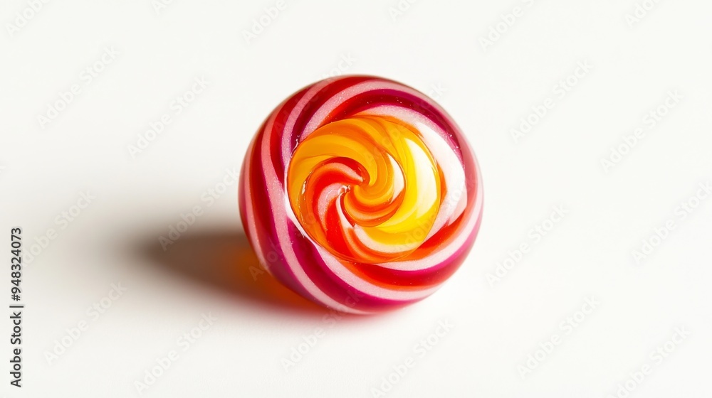 Poster a detailed shot of a single, shiny hard candy with a swirl pattern, placed in the center of a white 