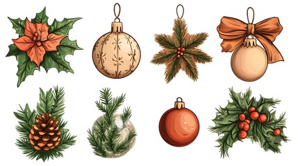Christmas-themed decorations, a clip art set of cartoon illustrations with a white background, including a Christmas wreath and garland
