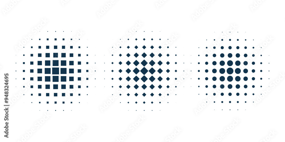 Poster set of dotted abstract shapes. hexagonal halftone pattern. half tone design elements in geometric te