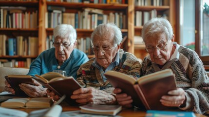 Seniors studying for personal enrichment, using tablets and reference books at home