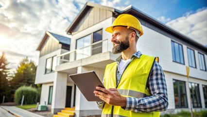 A skilled worker in a yellow hard hat and reflective vest holds a tablet and stands in front of a partially built modern house under construction.