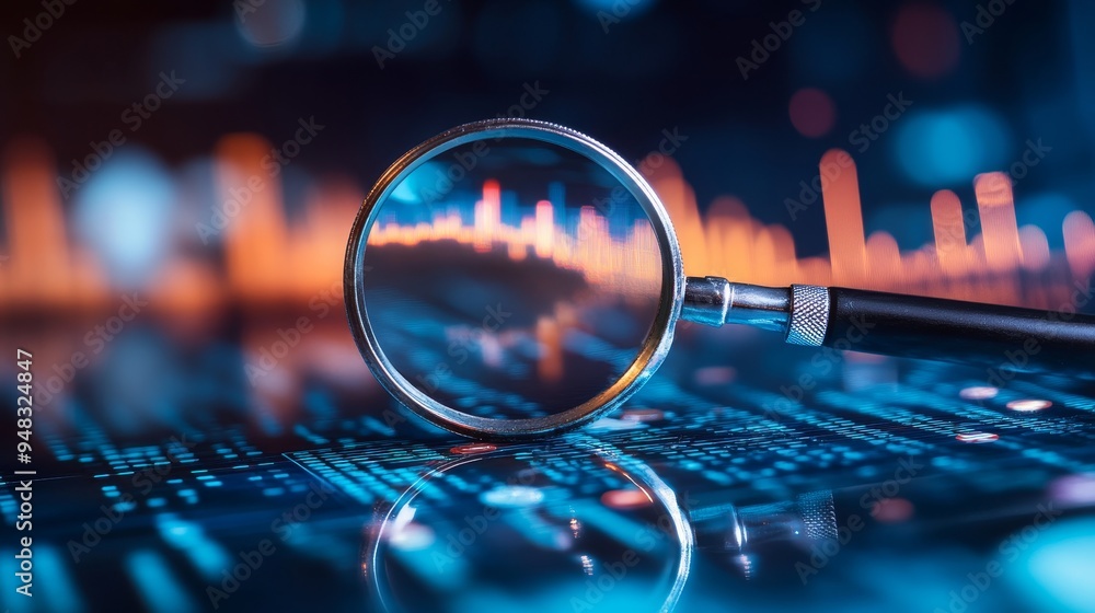 Aufkleber a magnifying glass rests on a digital screen, focusing on a blurred graph. the image symbolizes data