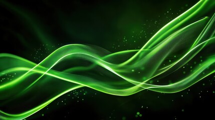 Naklejka premium Glowing neon green curved lines in motion, creating an abstract wave-like pattern, set against a dark background