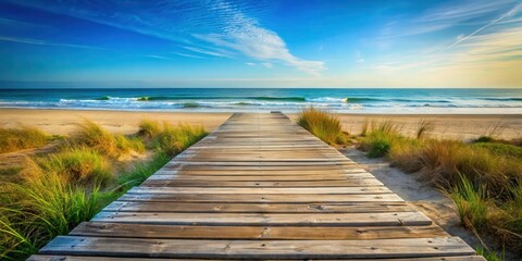 Fototapeta premium Scenic beach view with weathered wooden plank leading towards the ocean