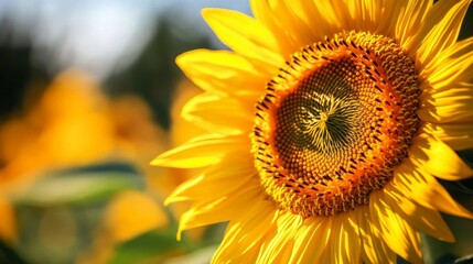 Obraz premium A detailed shot of a sunflower with a focus on the center of the flower, capturing the texture of the seeds and the rich yellow petals.