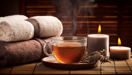 Obraz na płótnie Canvas Steaming herbal tea with towels and aromatherapy candles.