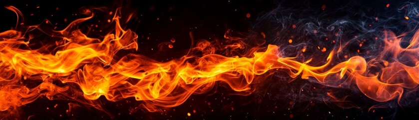 Fototapeta premium A black background with intense firelight and swirling gray smoke, enhancing the dramatic effect