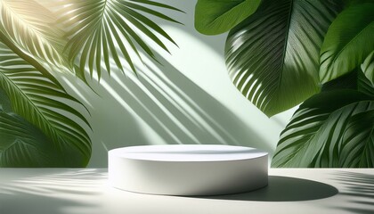 Fototapeta premium Sun-drenched white podium with crisp shadow on lush tropical leaves.