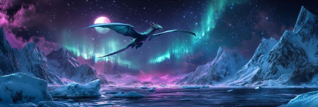 A majestic blue dragon soars through a breathtaking sky, illuminated by the vibrant colors of the Aurora Borealis.  The scene evokes a sense of wonder, magic, and the power of nature. The dragon's fli
