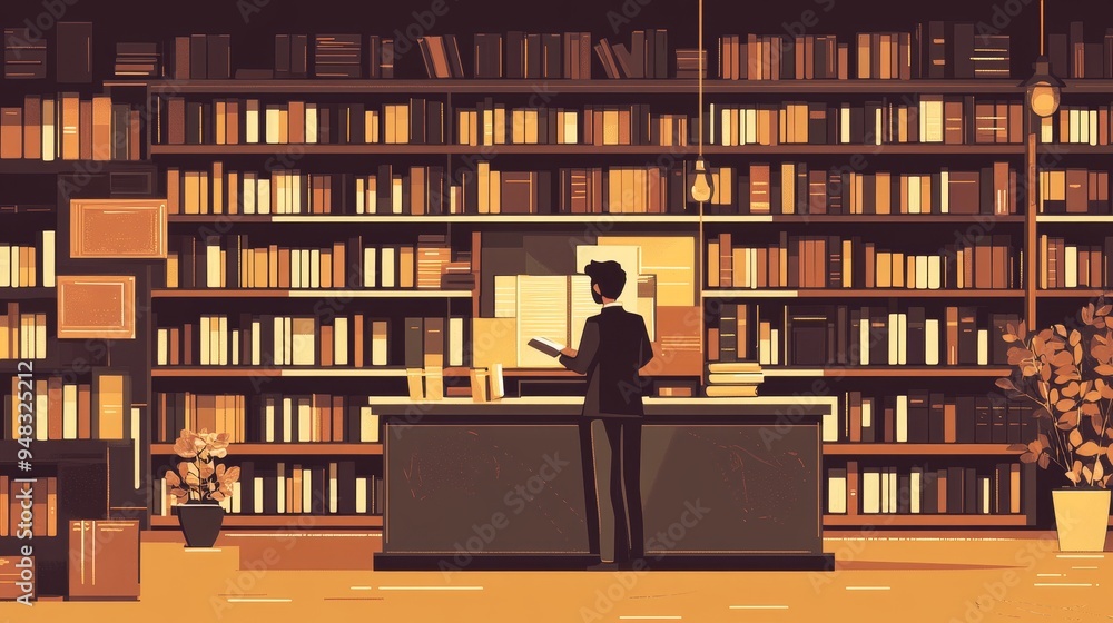 Poster a man standing in a bookstore, surrounded by towering bookshelves filled with books. the man is gazi