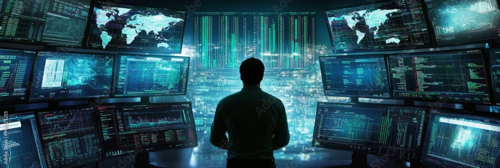 Aufkleber a man stands in front of a wall of computer monitors displaying data, graphs, and a world map. the i