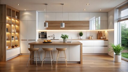 Modern white kitchen with wooden elements in the evening shot