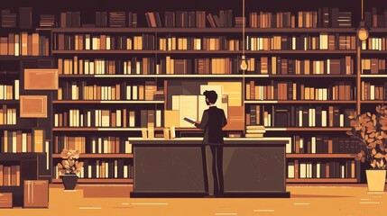 A man standing in a bookstore, surrounded by towering bookshelves filled with books. The man is gazing at the shelves, possibly lost in thought or searching for a specific title. This image symbolizes
