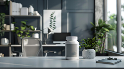 White pill bottle on a desk with a plant and notebook in the foreground, a desk with an office chair in the background.