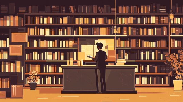 A man standing in a bookstore, surrounded by towering bookshelves filled with books. The man is gazing at the shelves, possibly lost in thought or searching for a specific title. This image symbolizes