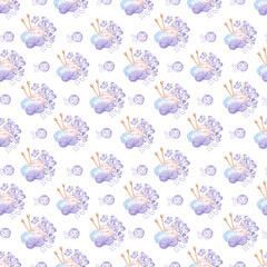 Yarn balls and skeins wool, knitting needles and purple flowers. Seamless pattern for hobby knit. Hand drawn watercolor illustration. Backdrop for blog, needlework store, textile, wrapping, website.