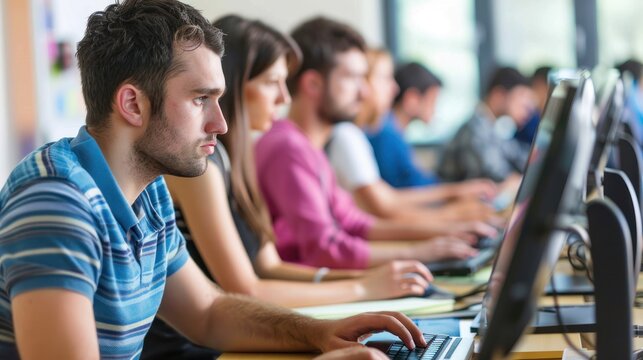 Adults using computers in a classroom setting, focused on their screens and typing notes