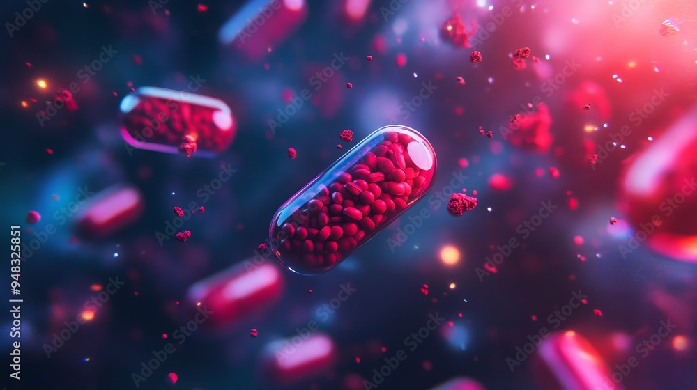 Poster a mesmerizing abstract visual with red pharmaceutical capsules floating in a space illuminated with 